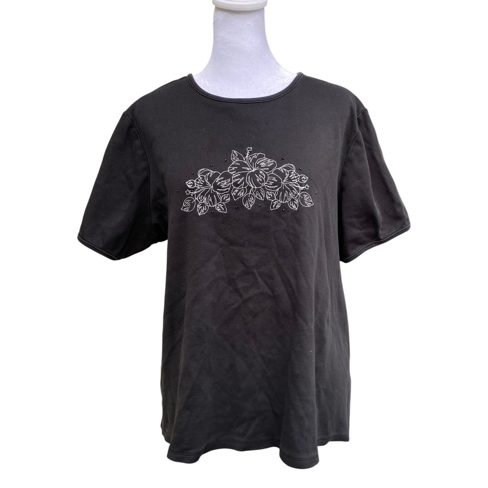 Vintage Y2K Bedazzled Hibiscus Embroidered Beaded Black Tee Shirt XL Glam Beach